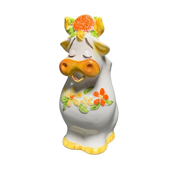 Vintage Bossie Cow-Shaped Ceramic Pitcher with Floral Accents & Handle Lefton - Picture 1 of 14